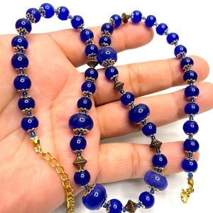 Earth Mined Sapphire Blue Gemstone Gold Tone Beaded Necklace Statement Bold